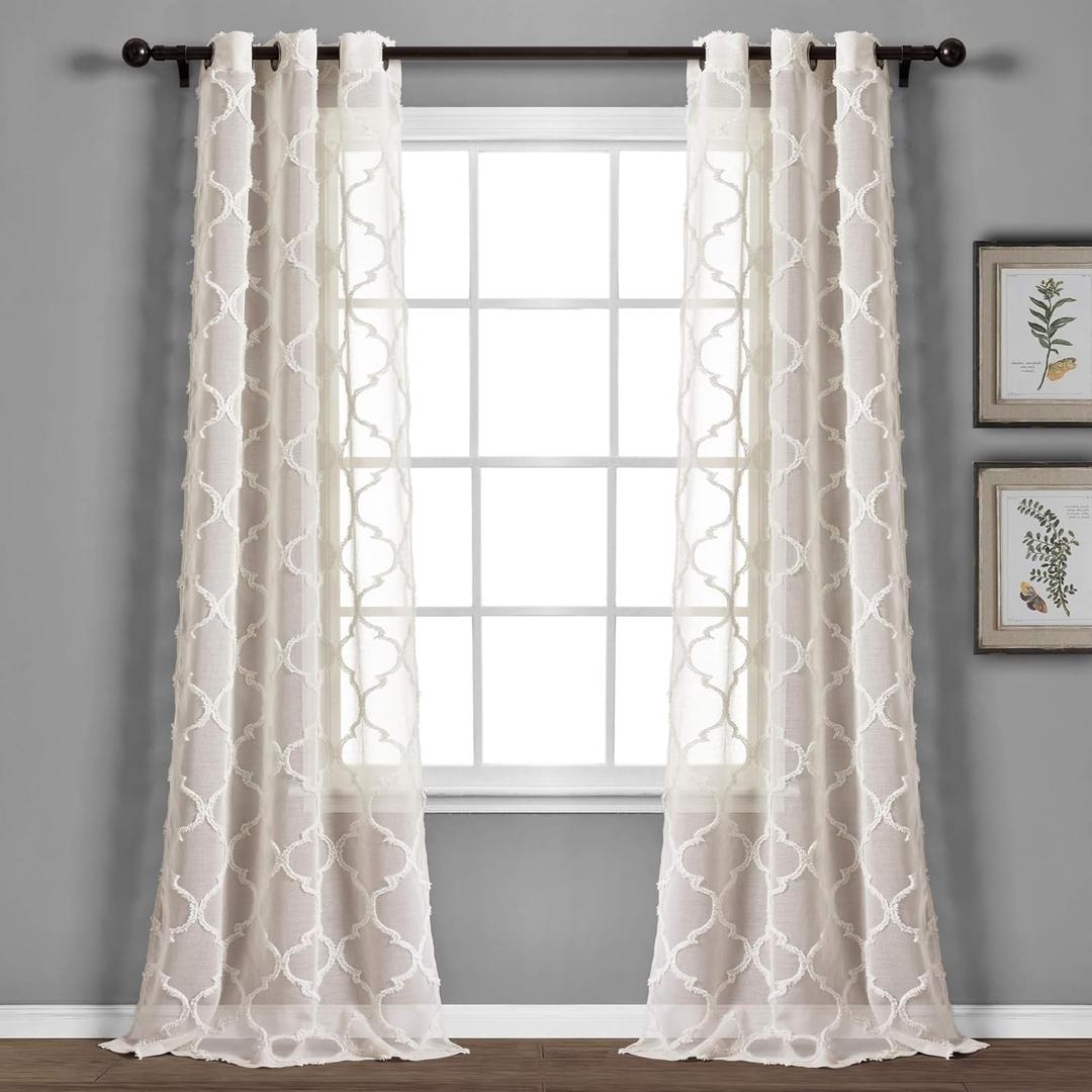 Lush Decor Avon Trellis Grommet Sheer Window Curtain Panel Pair, 95" Long x 38" Wide, Beige