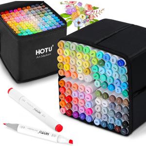 Alcohol Markers, 100 Colors Dual Tips, Coloring Art Marker Set for Adults, Alcohol Based Markers for Permanent, Sketching, Drawing with Non-Blending Pad(Chisel & Fine) (Multicolor)