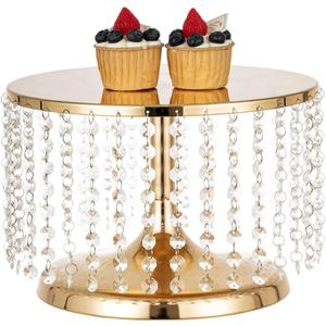 LANLONG Cake Stand for Dessert Table 12 Inch Gold Crystal Pendants Metal Cake Stand Serves as A Round Dessert Cupcake Display Plate for Table, Wedding, Party, Event