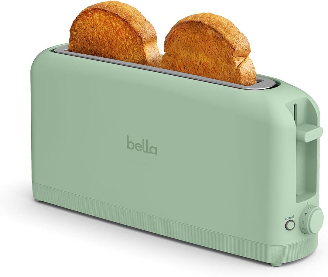 bella 2 Slice Slim Toaster, Fits-anywhere Kitchenware, 6 Setting Shade Control with Reheat & Cancel Buttons, Fits Sourdough, 10 Long Slot, Anti Jam & Auto Shutoff, 900 Watt, Seaglass