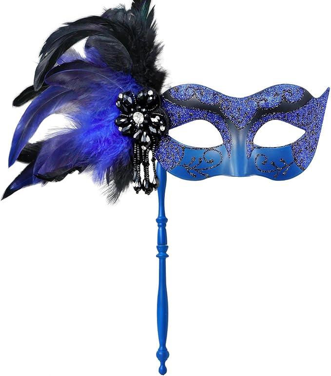 2025 New Masquerade Mask for Women with Stick - Shiny Women's Feather Mardi Gras Venetian Mask for Costume Accessory