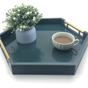 Serving Tray with Polished Metal Handles, Hexagon Coffee Table Tray, Modern Rectangle Decorative Tray, Large Ottoman Tray, Perfect for Storage and Display (Teal Hexagon)