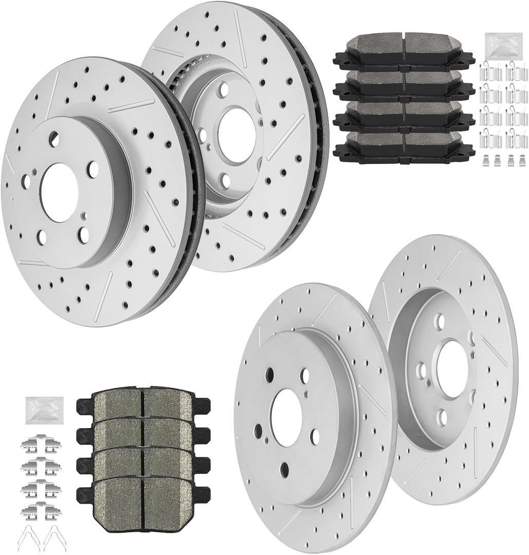 Front and Rear Brake Kit, Ceramic Brake Pads and Drilled and Slotted Brake Rotors, Fit for 2011 2012 2013 Lexus CT200h, 2012 2013 Toyota Prius Plug-In, 2010-2015 Toyota Prius