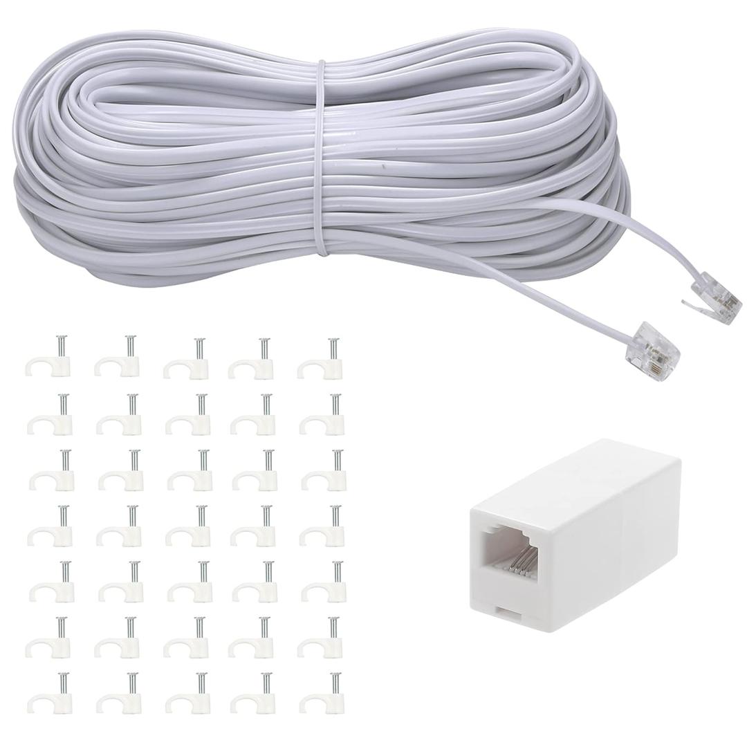 100Feet Long Telephone Extension Cord Phone Cable Line Wire, with Standard RJ11 Plug and 1 in-Line Couplers and 35Cable Clip Holders-White