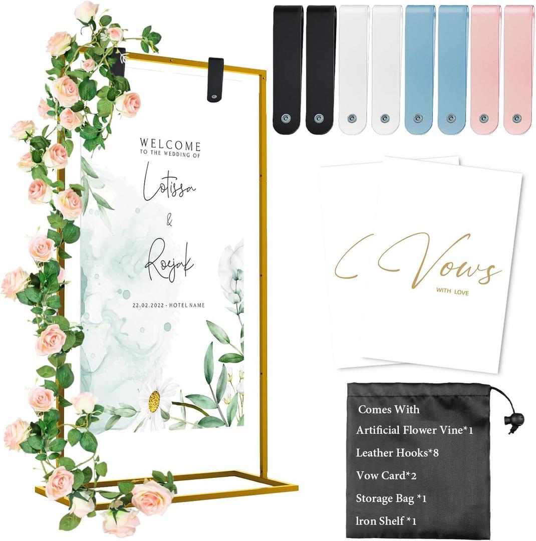 Wedding Welcome Sign Stand, 57x31x15"Welcome to Our Wedding Sign Stand with Leather Straps, Flower Vine, Vow Card, Wedding Sign Holder, Heavy Duty Floor Easel Stand for Sign for Wedding Birthday, Gold