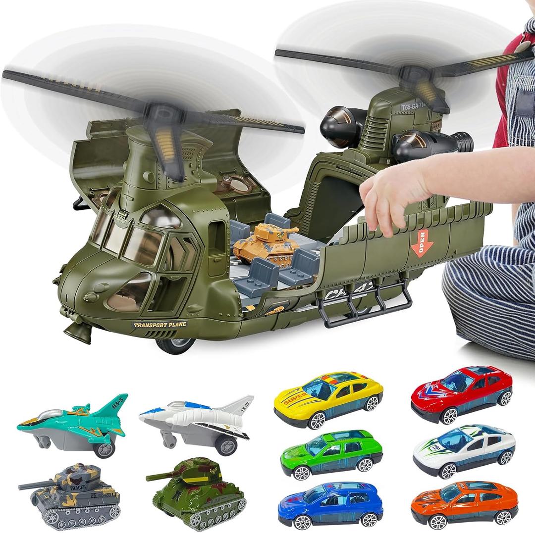 Military Helicopter Toys Set with Light - Friction Powered Transport Helicopter Toy with Army Tanks, Airplanes, Mini Cars - Army Toys Military Playset Christmas Birthday Party Gifts for Kids
