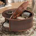Round Coffee Table, 31.5" Fluted Center Table with Storage, Lift-Top Coffee Table with Adjustable Footpads, Sliding Door, Mid-Century Modern Center Table for Living Room, Small Space, (Walnut)