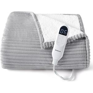 Bedsure GentleSoft Heated Blanket Electric Throw  Soft Ribbed Flannel Electric Blanket, Heating with 4 Time Settings, 6 Heat Settings, and 3 hrs Timer Auto Shut Off (50x60 inches, Light Grey)