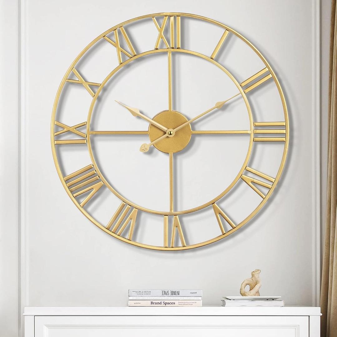 1st owned Large Wall Clock for Living Room Decor Silent Non-Ticking Decorative Wall Clock Roman Numerals Vintage Battery Operated for Kitchen Farmhouse Cafe Office Decor (Gold, 32 Inches)