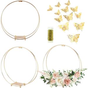 3 Pack 14 Inches Metal Double Floral Hoop Centerpieces with Stand and 38-Yard Paddle Wire Craft Centerpiece Table Decorations Wedding/Baptism/Party/Centerpiece DIY Metal Ring Table Dcor, Gold (14 Inches, Gold)