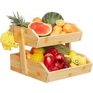 Bamboo 2 Tier Fruit Basket for Kitchen Counter, Large Capacity Fruit Storage Countertop, Fruit Holder, Wood Pantry Organizers and Storage, Kitchen Countertop Organizer With 2 Banana Hangers (Bamboo)