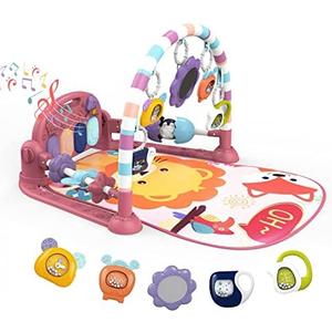 Dearlomum Play Mat and Gym - Piano Tummy Time Activity Mat With 5 Sensory Toys, Music and Lights - Gifts for Newborn 0 to 12 Months (New Pink)