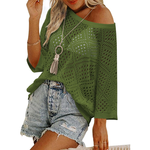 Zeagoo Women's 2025 Spring Summer Crochet Top Hollow Out 3/4 Sleeve Sweater Off Shoulder Beach Knit Coverup L