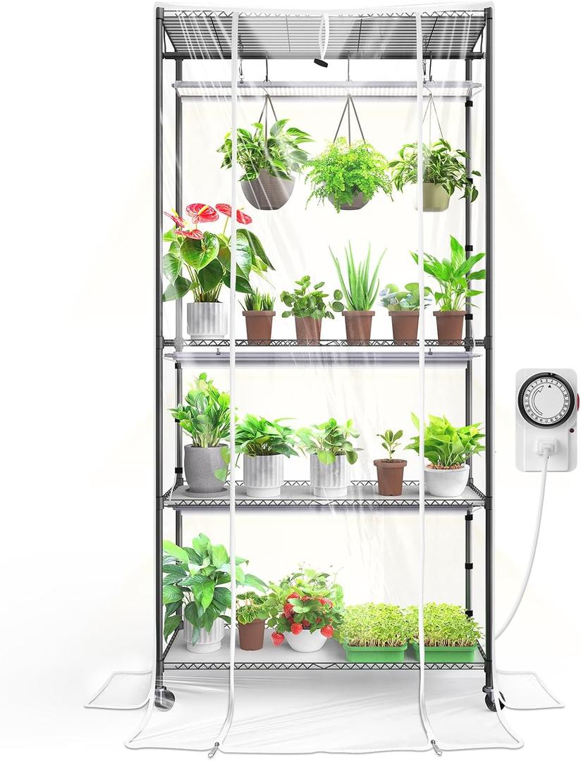 Barrina CX3Z Indoor Greenhouse with Grow Light, Full Spectrum 3FT 108W Plant Growing Lamp, 4-Tier Metal Plant Stand with Zippered EVA Cover, Wheels & Timer, 35.4"x13.8"x70.9", 35.4x13.8x70.9IN w/ Tent