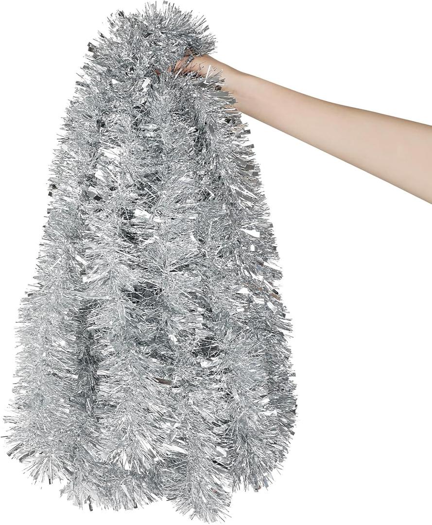 DECORA 33 Feet Silver Tinsel Garland, Christmas Metallic Hanging Tinsel Garland for Xmas Tree Home and Party Decoration
