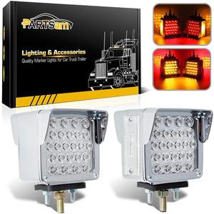 Partsam Double Face Square LED Fender Pedestal Lights Amber/Red 52 LED 3 Studs Mount Truck Trailer Stop Tail Turn Signal Lights Chrome Visor Waterproof w/Side Reflex Clearance Lights Clear Lens