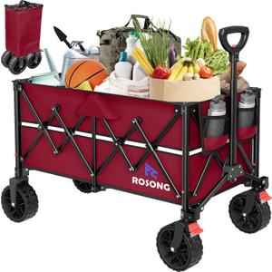 Burgundy Folding Wagon Cart with Wheels Foldable - Collapsible Wagons Carts Heavy Duty, Fold Up Portable Utility Wagon for Grocery Beach Sports Fishing Camping Shopping (150L)