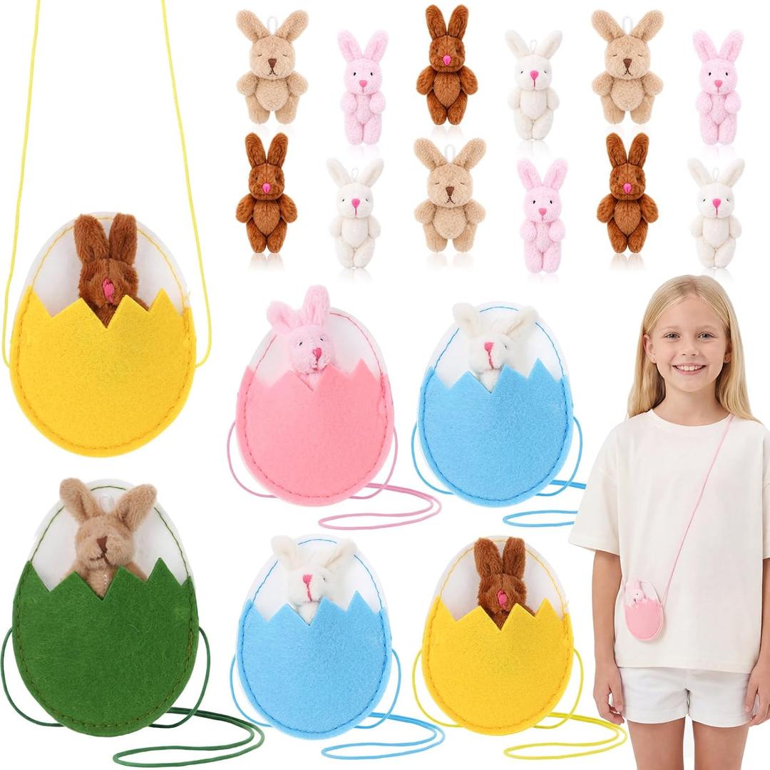 12 Sets Easter Bunny Plush Easter Egg Filler Plush Bunny Stuffed Animals with Fillable Felt Eggshell Bag Neck Hanger for Basket Stuffers Spring Party Favors Decor Crafts Goodie Bag