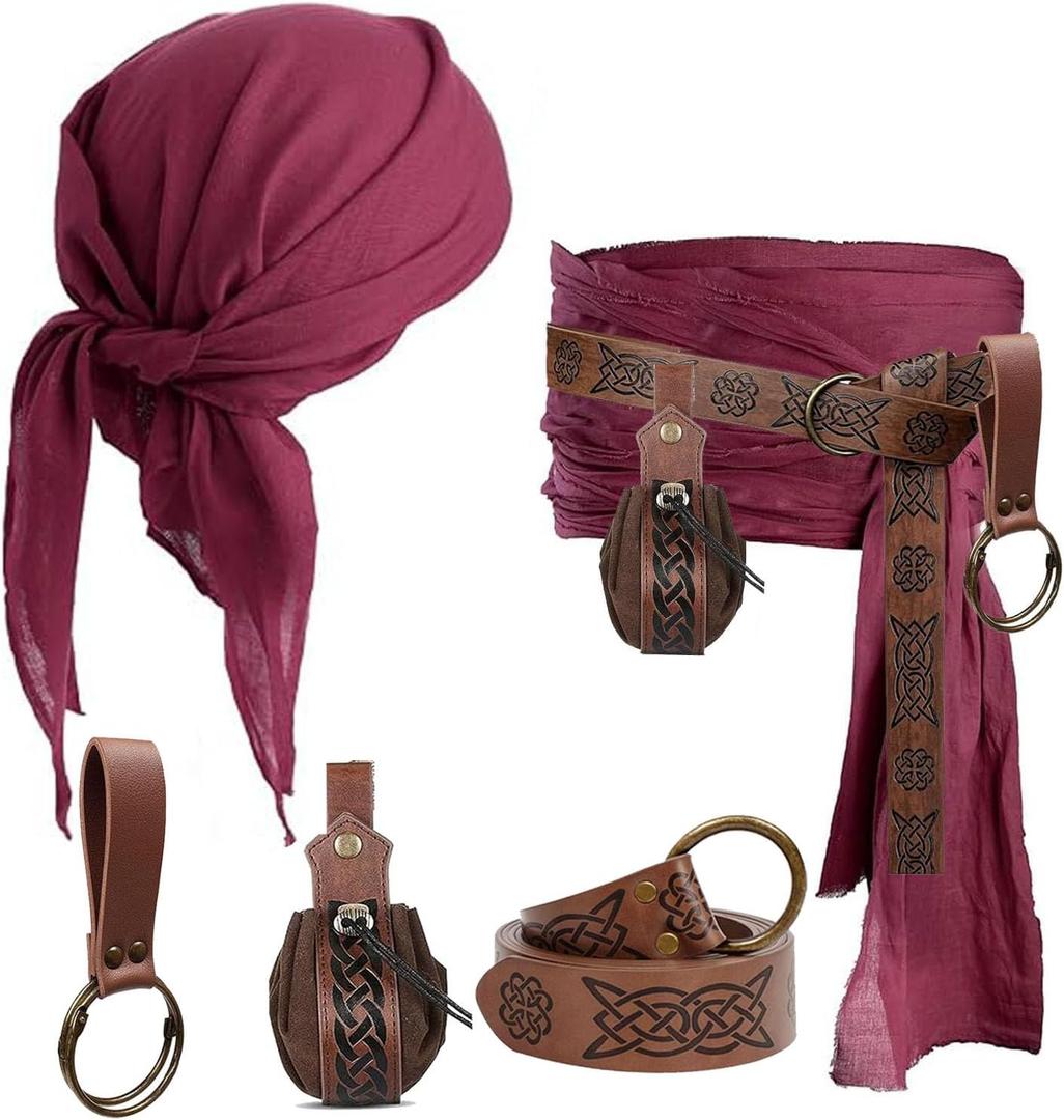 KOTORA Pirate Costume Head Scarf Bandana Hat Waist Sash Medieval Belt Pouch Golden Coin Purse Festival Dress Accessroy