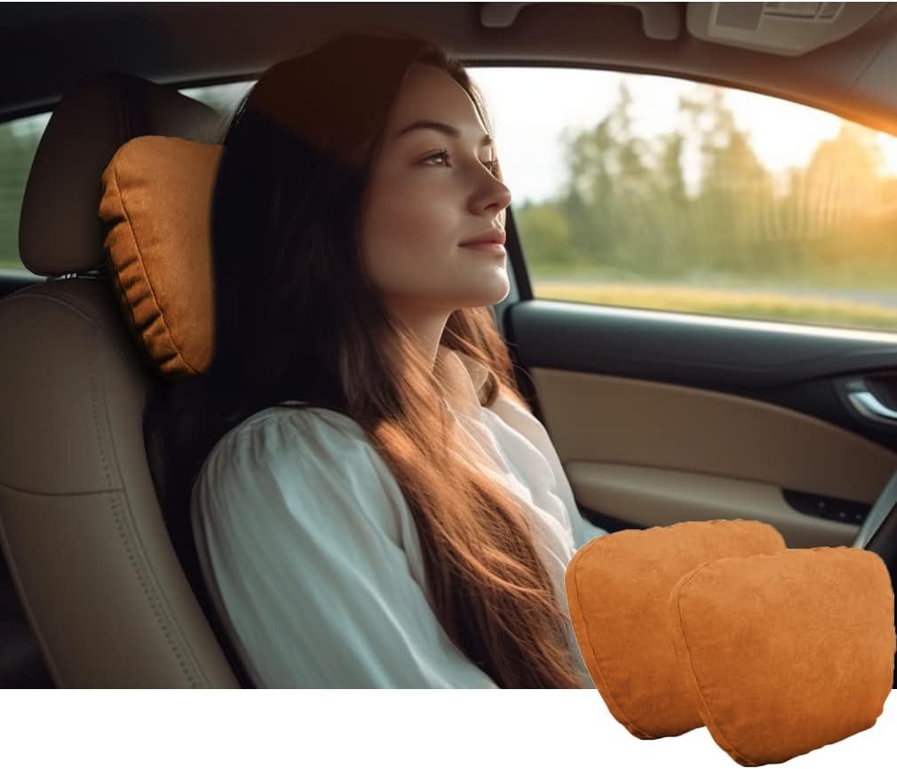 POKSRI 2pcs Car Neck Pillow for headrests,Support Drive Seats Head Cushion Pillows,Superfiber Suede,Plant-Based Polyester,Thickness & Height Adjustable,11.8x7.5,Inner Liner fillable(Orange Brown)