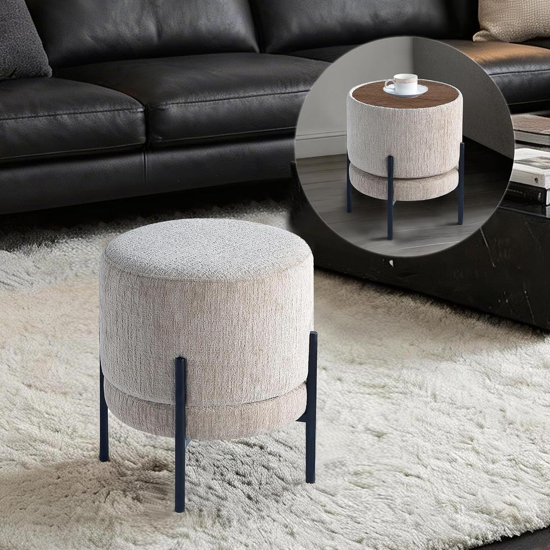 Get Set Style Multifunctional Ottoman with Side Table, Soft Round Footrest Stool, Vanity Stool with Metal Legs, Modern Decorative Furniture Vanity Chair for Makeup Room, Bedroom, Living Room