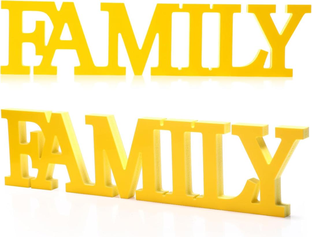 Wooden Family Sign Wall Art Decor Wood Home Decoration Signs Rustic with Stylish Family Letter for Kitchen Living Room Bedroom Shelf Mantel Fireplace Table Centerpiece(Yellow)