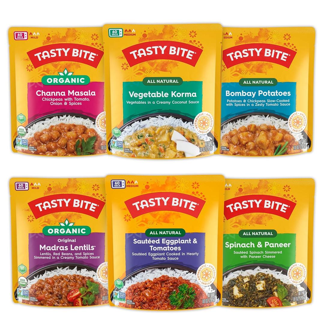 Tasty Bite Variety, Pack of 6, Bombay Potatoes, Kashmir Spinach, Punjab Eggplant, Channa Masala, Madras Lentils, Vegetable Korma, Best By: 12/31/2026