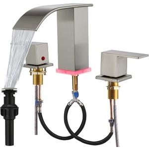 Brushed Nickel Bathroom Sink Faucet 3 Hole, Widespread Vanity faucets with LED Waterfall Modern 3 Hole Faucet for Bathroom Sink pop-up Drain Touch on 2 Handle (Brushed Nickel)