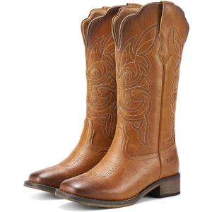 Rollda Cowgirl Boots Cowboy Boots for Women Square Toe Mid Calf Western Boots Ladies Fashion Boots with Chunky Heel 9.5