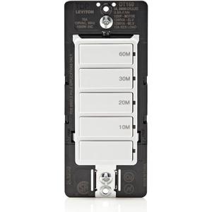 Leviton Countdown Timer Switch for bathroom fan and household lights, 10-20-30-60 min, No Neutral Required, Single Pole, 15A, 1/2HP/9.8A Fan/Motor, DT160-1LW, White (15 Amp)