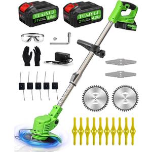 Electric Weed Wacker Cordless, 21V Weed Cordless Eater, 4 in 1 Lightweight Stringless Brush Cutter, with 2 Pcs 4.0 Ah Battery Grass Trimmer for Courtyard Gardens (Green)