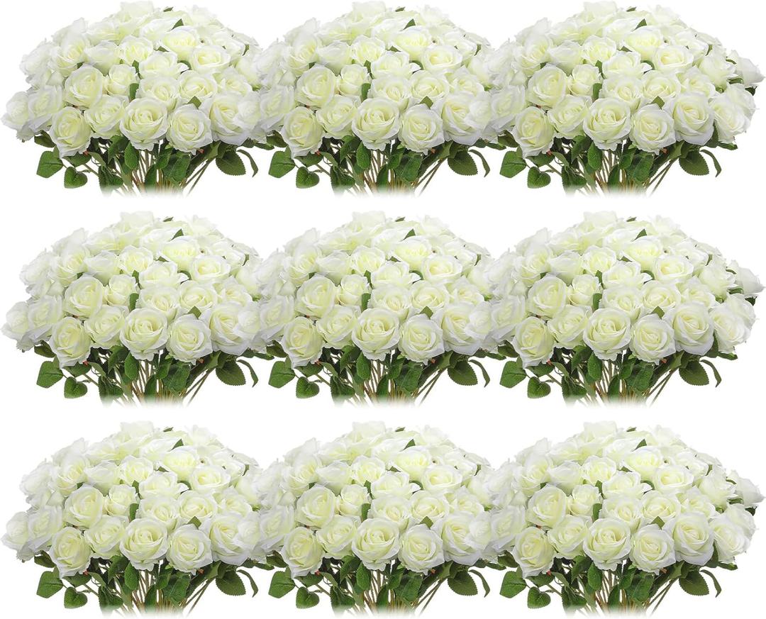 Jexine 100 Pieces Artificial Roses Flowers Bulk, Long Stem Realistic Fake Silk Roses Bouquet for Table Centerpiece Vases Wedding Party Kitchen Decor(White)