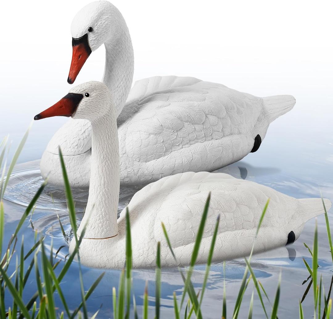 Geetery 2 Pcs Swan Decoy Pond Floating Decoration Plastic Lifelike Goose Floating Decoys Garden Pond Decoration for Fields Float on the Water Pool Garden Accessories, White