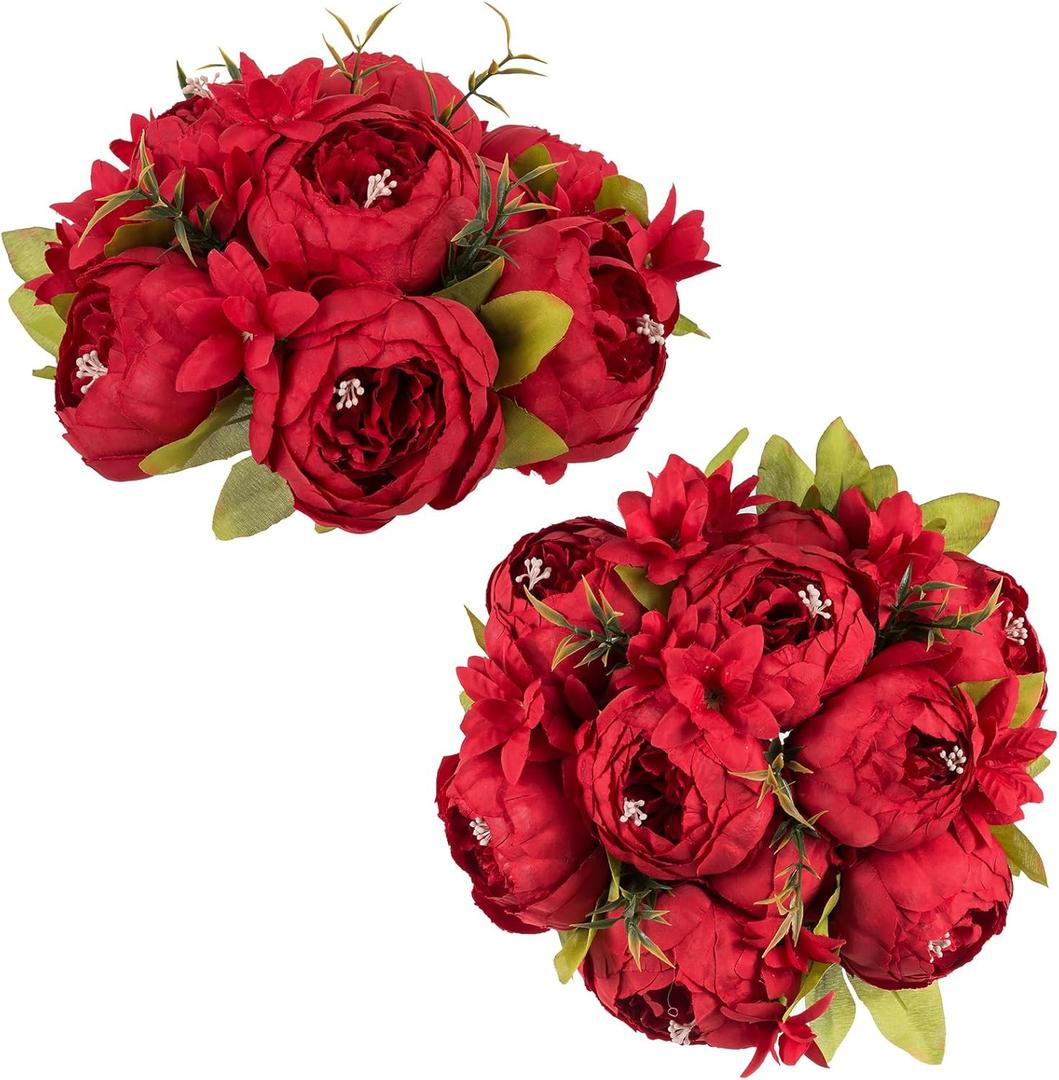 NUPTIO Peony Artificial Flowers for Centerpieces: 2 Pcs 9.4 inch Diam Red Faux Peony Flowers Fake Flower Balls Arrangement Bouquet Wedding Centerpieces for Tables Wedding Centerpiece Decorations
