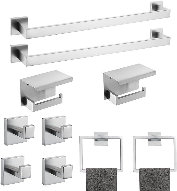 10-Piece Brushed Nickel Bathroom Hardware Set SUS304 Stainless Steel, 223.6" Towel Bars, 2 Towel Rings, 2 Toilet Paper Holders & 4 Towel Hooks Wall Mounted Bathroom Accessories Set