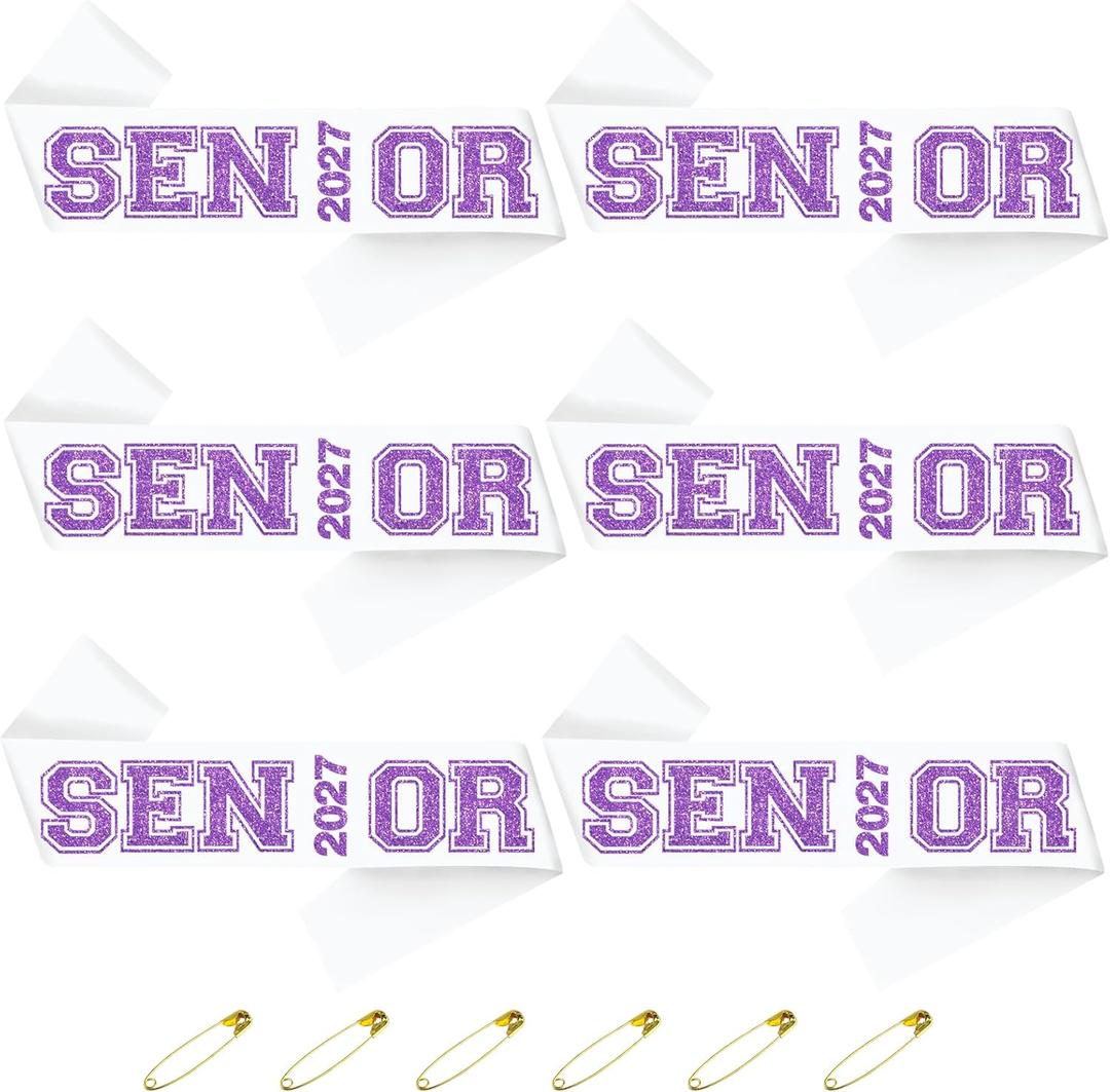 2 x 6pcs White Senior 2027 Sashes with Purple Glitter Printing Letters2027 Graduation Celebrations Sashes, Class of 2027 Sash for Graduation Party, Senior Cheer Sasesh, Class Competition Sash