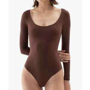 PUMIEY Women's Scoop Neck Long Sleeve Bodysuit Body-hugging Sexy Tops Smoke Cloud Collection Tiramisu