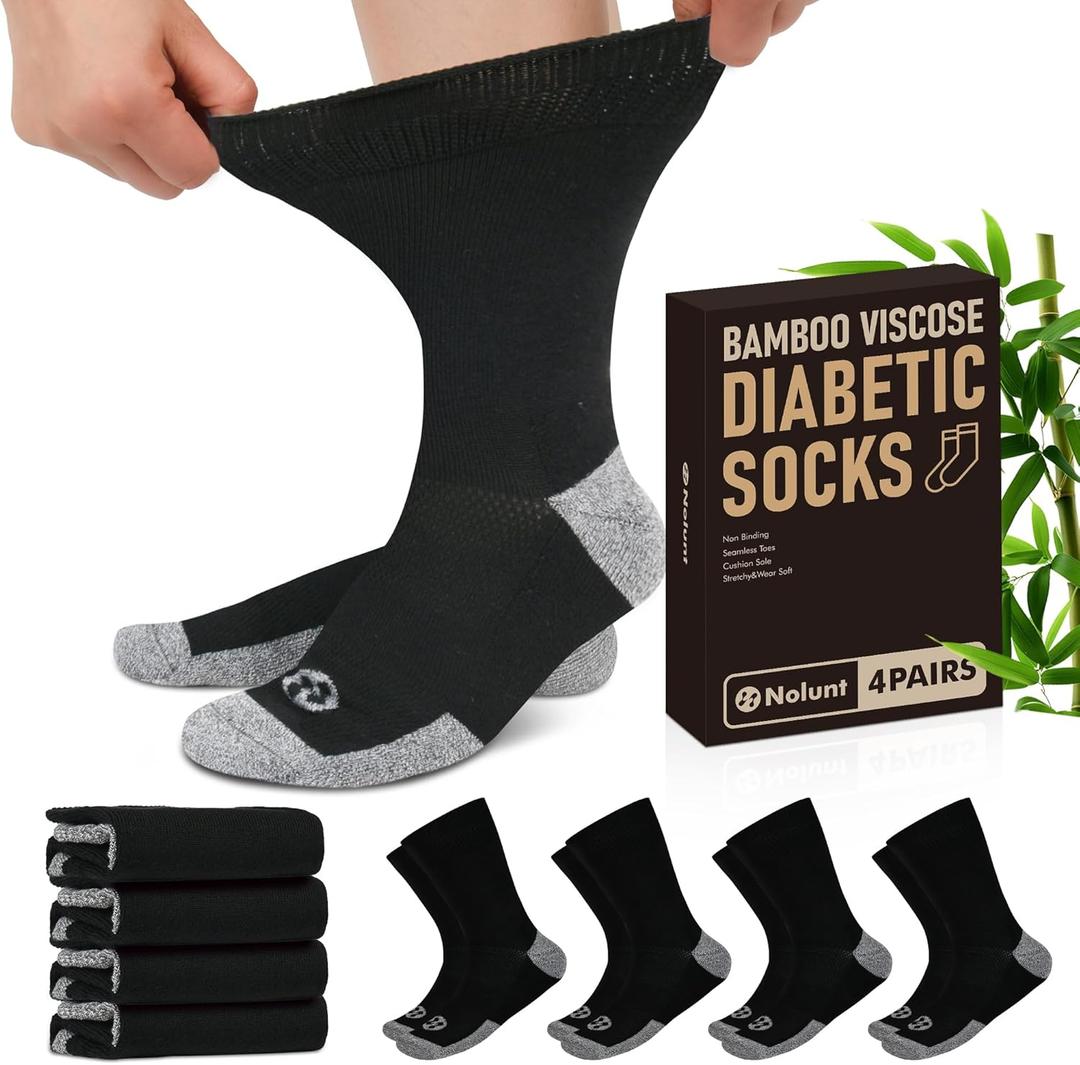 Nolunt Diabetic Socks for Men, 4 Pairs Crew Diabetic Neuropathy Socks for Men, Diabetic Socks for Men 9-12(Black-Large)