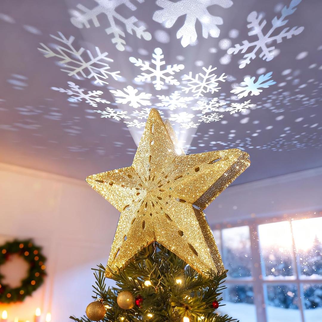 DG-Direct Christmas Tree Topper Lighted Star [Gold],3D Hollow Sparkling Star Christmas Tree Topper with Rotating Magic Cool White Snowflake Projector for Christmas Tree Ornament (Gold)