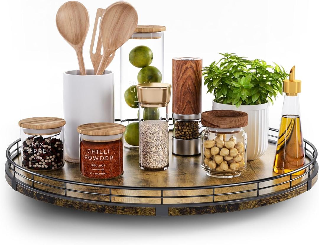 Lazy Susan Turntable Organizer for Table Top, 18 Round Wooden Lazy Susan for Cabinet Kitchen Countertop Pantry Dining Coffee Table for Condiments Spices, Rustic Bathroom Vanity Tray for Soap Candle
