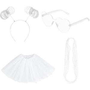 Canlierr Women Tutu Costume Accessories Set, Spirit Day Pom Pom Headband Necklace Sunglass 5 Layered Tulle Skirt for Party (White, S)
