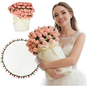 Handmade Crochet Blanket with 68Handmade Flowers, 43.31 Inch Diameter Convertible Bouquet Throw Blanket for Sofa Bed Couch, Valentine's Day Gift (PinkRose, 43.31inch)