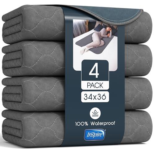Inspire Underpads | Stain Hiding Gray Reusable Incontinence Bed Pads | Waterproof Mattress Pad | for Adults Babies and Dogs (34 X 36 - 4 Pack)