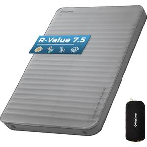 KingCamp PREMIUM DOUBLE Self Inflating Sleeping Pad, 7.5 R-Value Air & Foam Camping Mattress 2 Person, 3" Thick Full Size Double Insulated Sleeping Pad with Pump Sack for Car Camp Tent, PVC Free, Grey