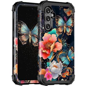Hekodonk for Galaxy S25 FE Case, Three Layer Heavy Duty Shockproof Protection Hard Plastic + Soft Silicone Full Body Drop Protective Case for Samsung Galaxy S25 FE 6.7 inch, Black Butterfly