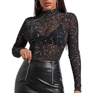 Mesh Long Sleeve Tops Crew Neck Sexy See Through Tee Shirts Party Club Night Lace Blouse, XL