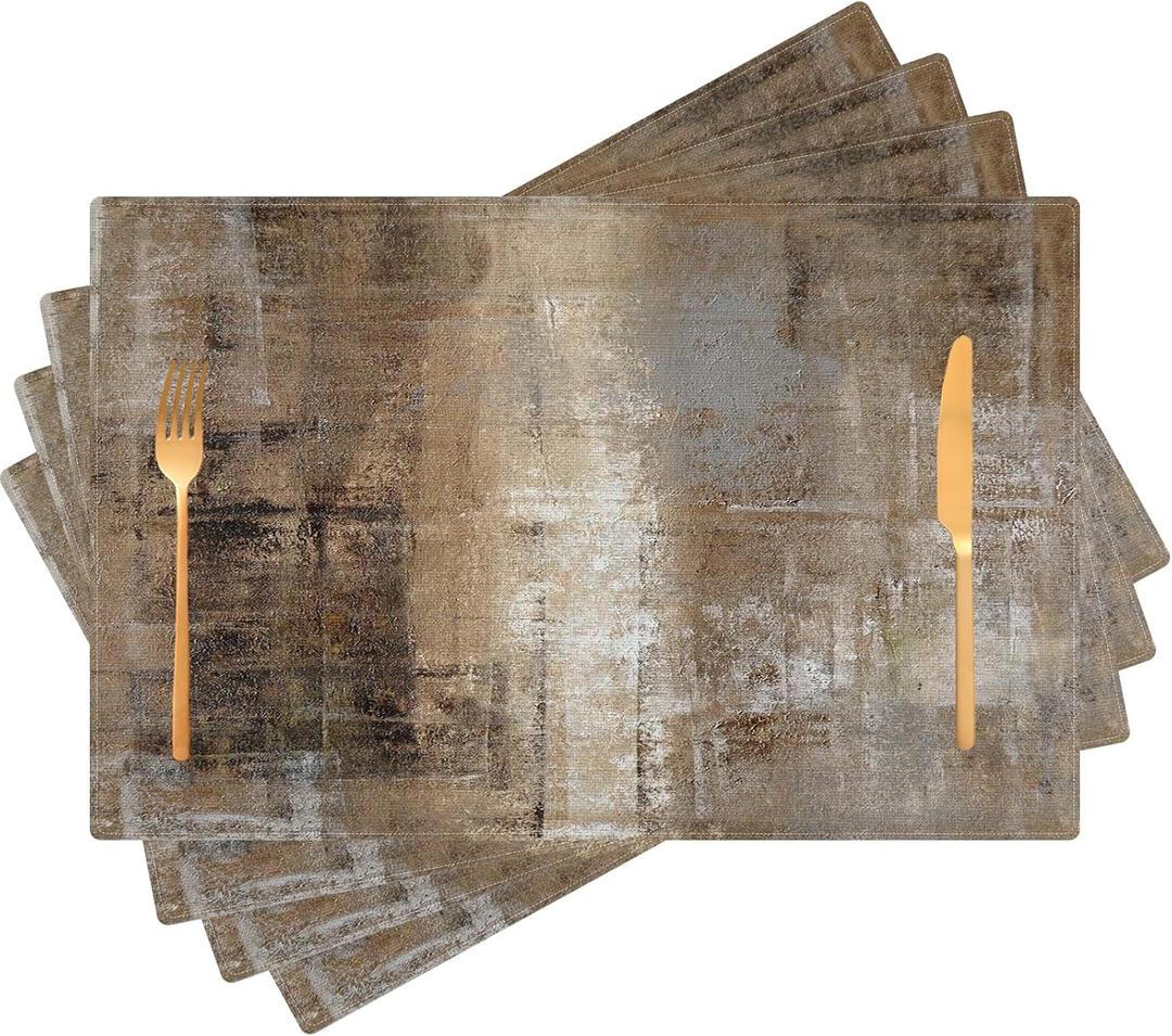 Brown Gray Placemats Set of 4 Modern Place Mats Indoor Abstract Art Table Mat Washable Linen Waterproof Heat Resistant Placemats for Dining Tables, 18 X 12 Inch