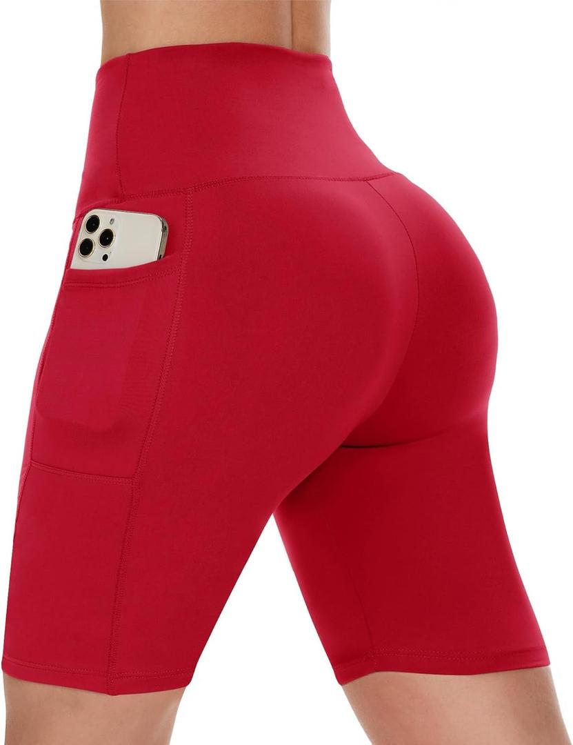 CAMPSNAIL Biker Shorts Women with Pockets - 3"/5"/8" High Waisted Workout Spandex Tummy Control Gym Running Yoga Shorts (Red)