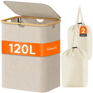 Lifewit 120L Laundry Basket with Lid, Clothes Hampers for Laundry with Bamboo Handles and 2 Removable Bag, Large Foldable Laundry Hamper for Bedroom, Bathroom, Dorm, Laundry Room, Beige