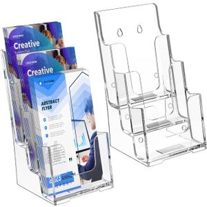 KTRIO 3 Tier Acrylic Brochure Holder 4x9 Inches 2 Pack, Clear Trifold Brochure Display Stand Plastic Pamphlet Holder for Flyer, Literature, Bookmark, Catalogs, Countertop or Wall Mount Use